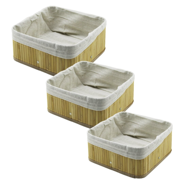 3 Boy Kare Bambu Kenar Organizer Sepet Ahşap Altlık - Bezli 17x17-21x21-26x26cm