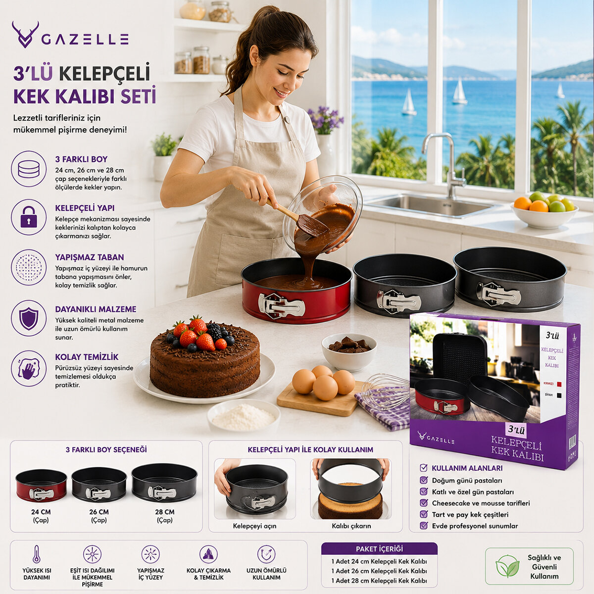 3 Parça Yuvarlak - Renkli Kelepçeli Metal Kek Kalıp 24-26-28 cm