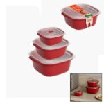 3 Pcs Kırmızı Kare Saklama Kabı Set 550-1100-2200 ml