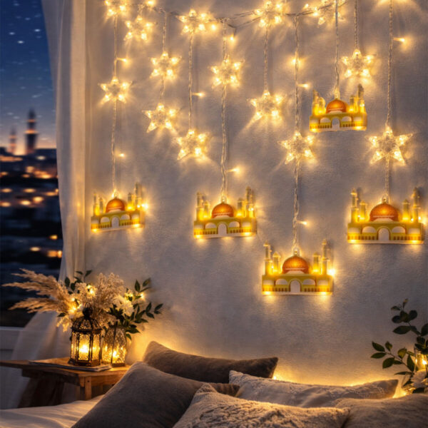 3 m Fişli - Eklemeli Ramazan Dekor Lamba - Perde LED Sarı Cami - Yıldız Ekl-09-03