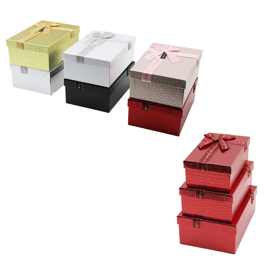 3pcs D.dörtgen Parlak Mix Renkli - Kabartma Desen Karton Hediye Kutusu Kurdelalı 22.5x15.5-20.5x13.5-18.5x11.5cm