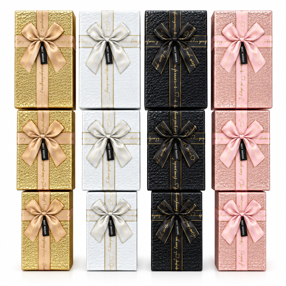 3pcs D.dörtgen Parlak Mix Renkli - Kabartma Desen Karton Hediye Kutusu Kurdelalı 22.5x15.5-20.5x13.5-18.5x11.5cm