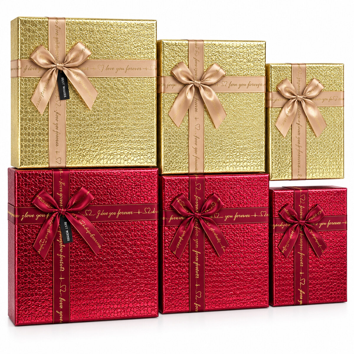3pcs D.dörtgen Parlak Mix Renkli - Kabartma Desen Karton Hediye Kutusu Kurdelalı 33x24.5-28.5x20.5-24x16.5cm