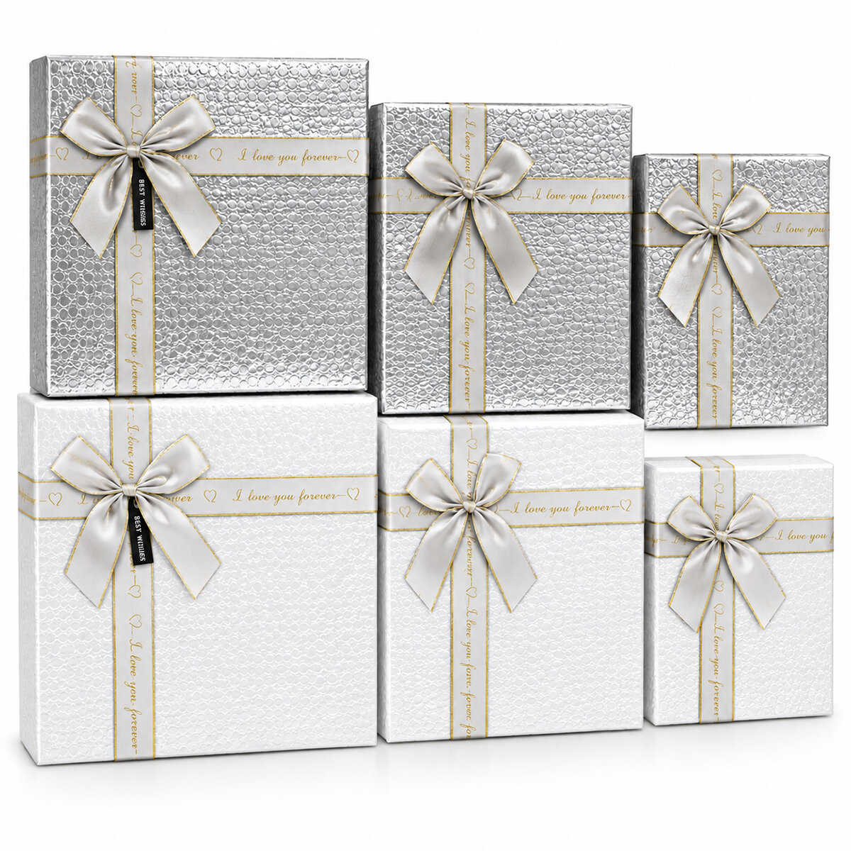 3pcs D.dörtgen Parlak Mix Renkli - Kabartma Desen Karton Hediye Kutusu Kurdelalı 33x24.5-28.5x20.5-24x16.5cm