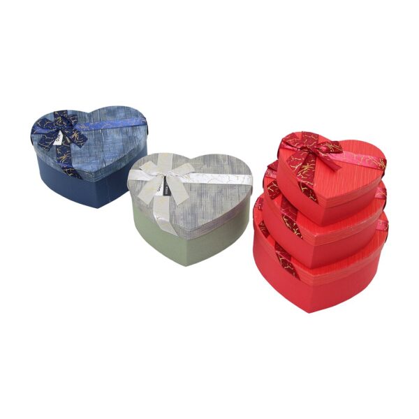 3pcs Kalp Çizgili Mix Renkli - Kabartma Desen Karton Hediye Kutusu Kurdelalı 22x20-19x17-16x14cm
