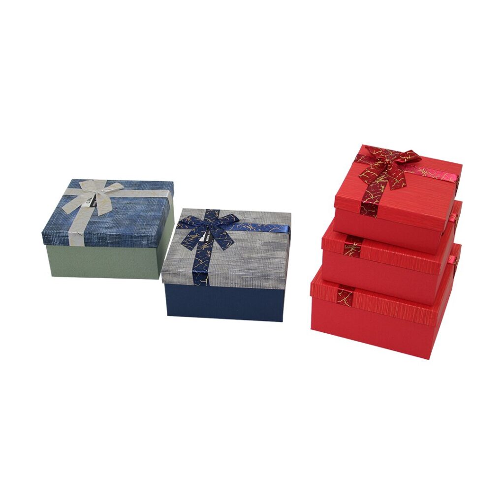 3pcs Kare Çizgili Mix Renkli Karton Hediye Kutusu Kurdelalı 19-17-15 cm