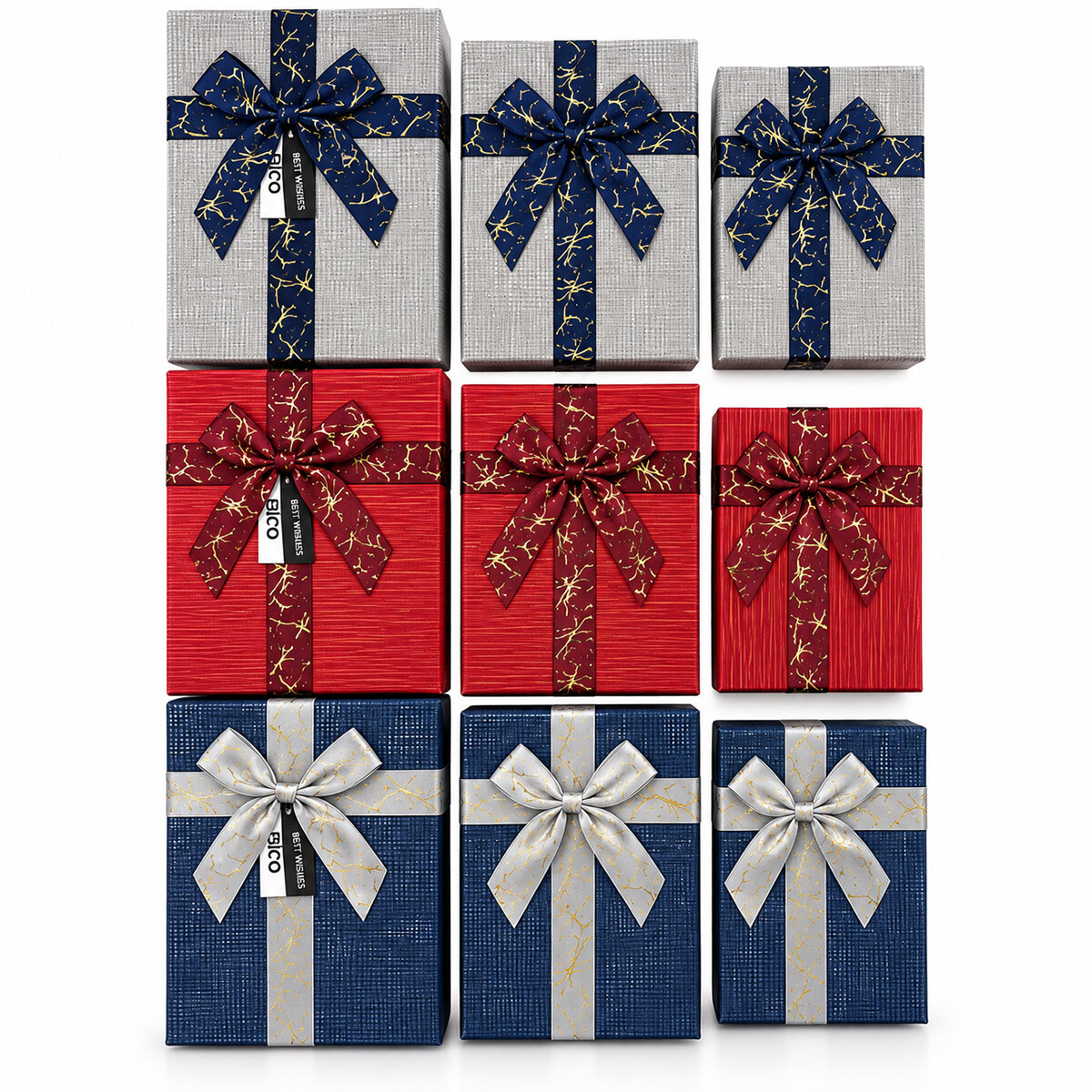 3pcs Kare Çizgili Mix Renkli Karton Hediye Kutusu Kurdelalı 19-17-15 cm