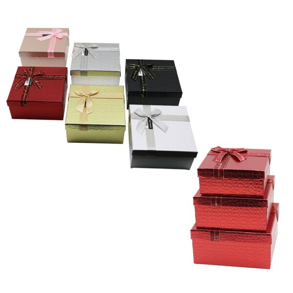 3pcs Kare Parlak Mix Renkli - Kabartma Desen Karton Hediye Kutusu Kurdelalı 19-17-15 cm