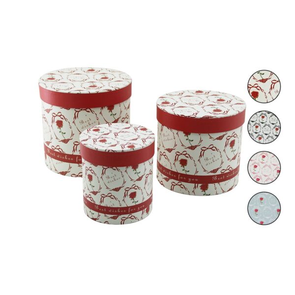 3pcs Yuvarlak Çiçek Desenli - Mix Renkli Karton Hediye Kutusu 18-16-12 cm