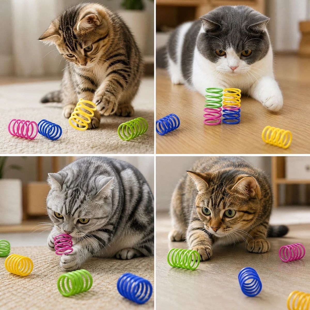 4'lü Renkli Spiral Yay Kedi Oyuncağı, Esnek ve Hareketli Eğlenceli Kedi Oyun Seti