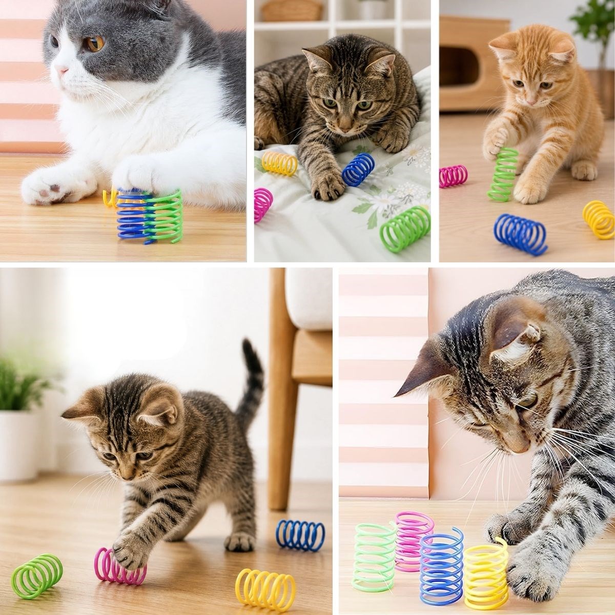 4'lü Renkli Spiral Yay Kedi Oyuncağı, Esnek ve Hareketli Eğlenceli Kedi Oyun Seti