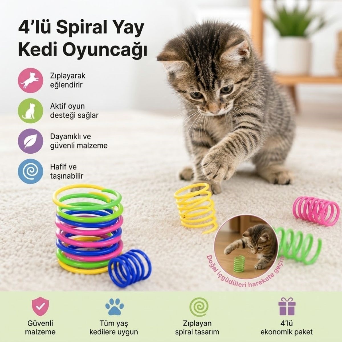 4'lü Renkli Spiral Yay Kedi Oyuncağı, Esnek ve Hareketli Eğlenceli Kedi Oyun Seti