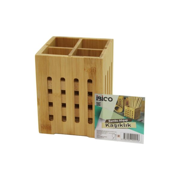 4 Bölmeli Büyük - Pencereli Kare - 11x11cm Ahşap Bambu Kaşıklık Organizer