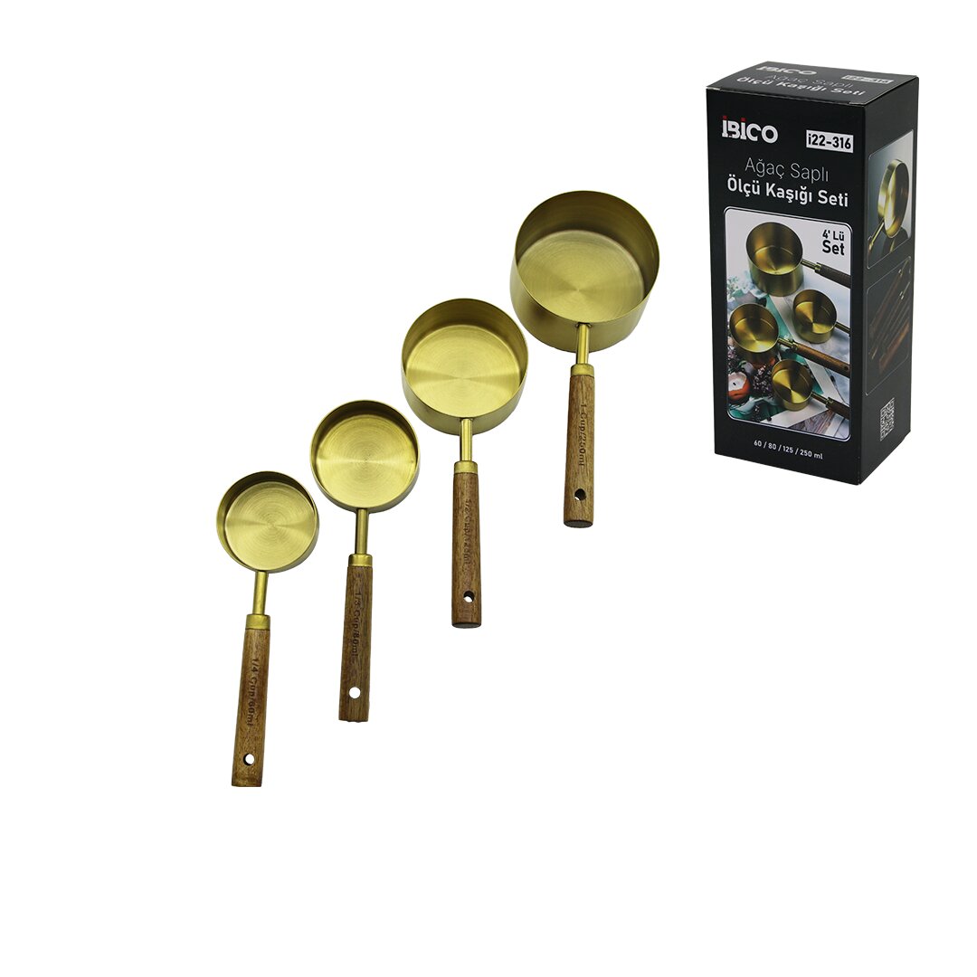 4 Pcs Gold Metal Ölçü Kaşık Seti Otantik Ağaç Kulp 250 ml - 125 ml - 80 ml - 60 ml