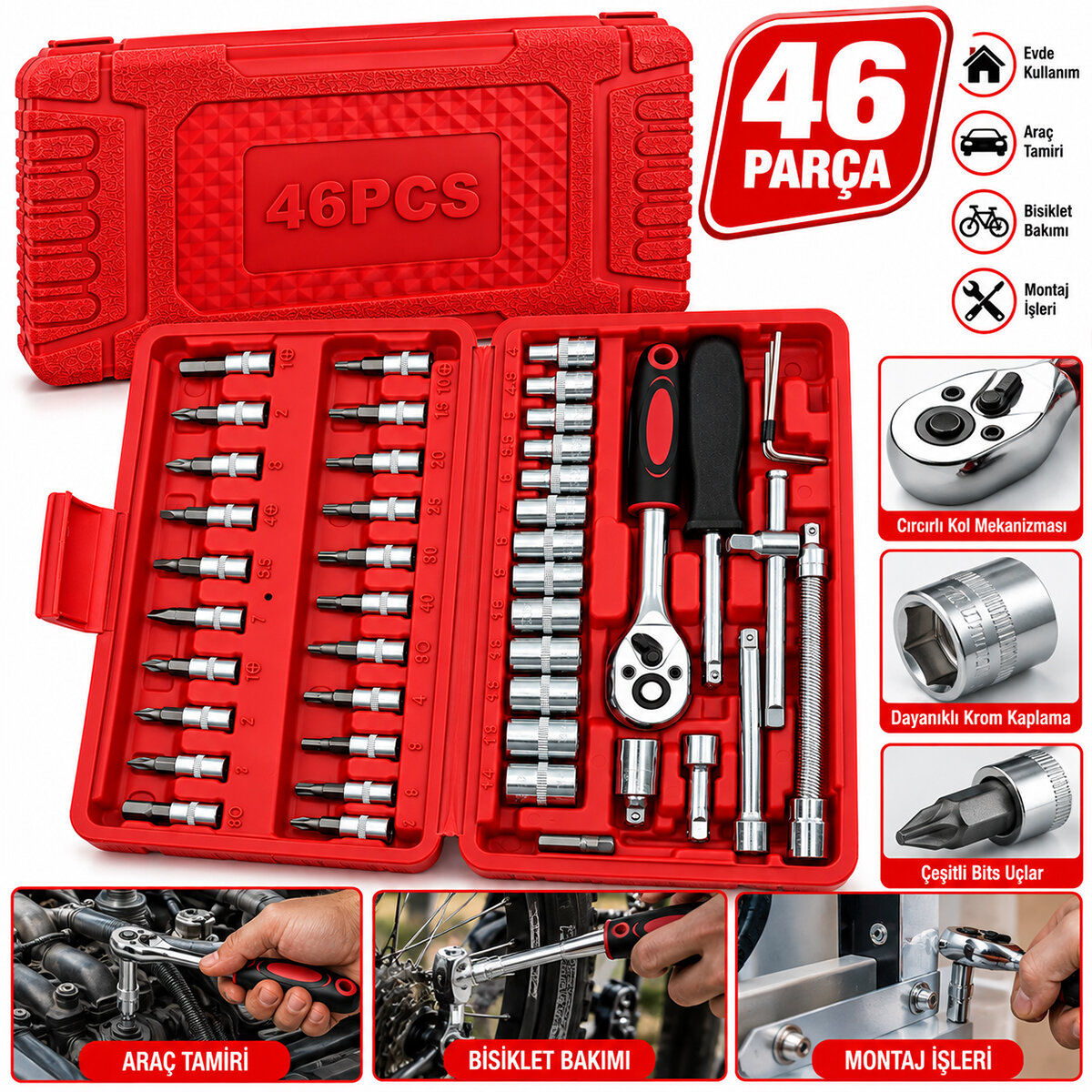 46 Parça Lokma Seti 1/4 Inc Bit - 6gen Soket - Cırcır Kolu - Uzatma-Kaydırma Çubukları Pls.kutulu
