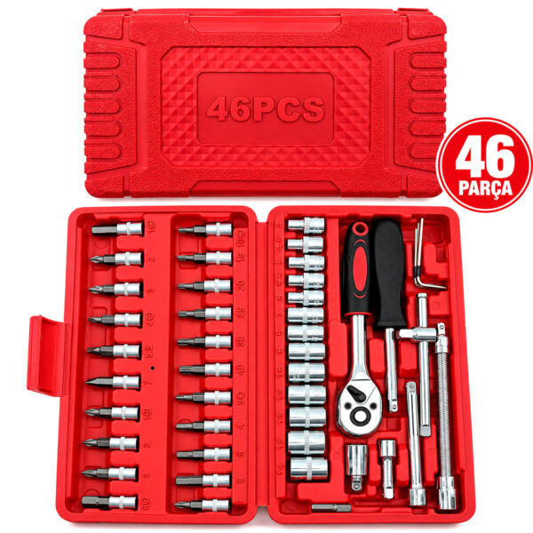 46 Parça Lokma Seti 1/4 Inc Bit - 6gen Soket - Cırcır Kolu - Uzatma-Kaydırma Çubukları Pls.kutulu