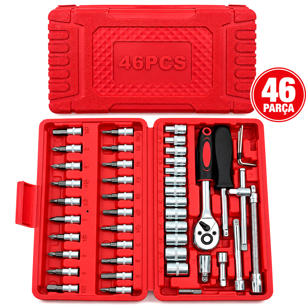 46 Parça Lokma Seti 1/4 Inc Bit - 6gen Soket - Cırcır Kolu - Uzatma-Kaydırma Çubukları Pls.kutulu
