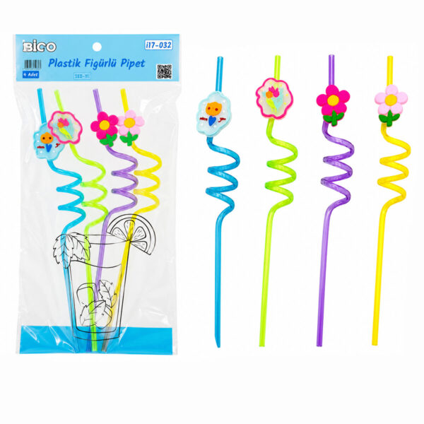 4pcs Kıvrımlı - Renkli Plastik Pipet Figürlü - Mix