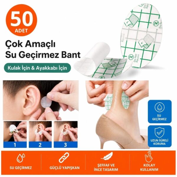 50 Adet Su Geçirmez Kulak Bandı ve Ayakkabı Vurma Önleyici Bant Seti, Çok Amaçlı Koruyucu Yapışkan Bant