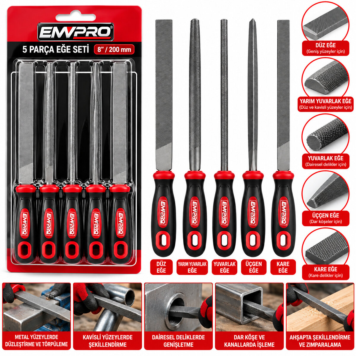 5pcs Çelik Eğe Seti Balık Sırtı - Üçgen - Kare - Yuvarlak - Düz Geniş Eğe - 20cm+pls.sap - 10 cm - 30 cm