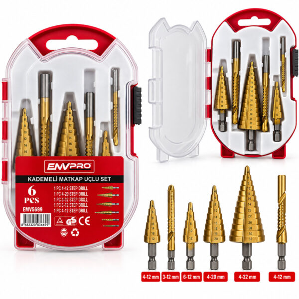 6pcs Matkap Uçlu Kademeli Set 4-12 mm - 4-20 mm - 4-32 mm - 3 mm - 6 mm - 8 mm