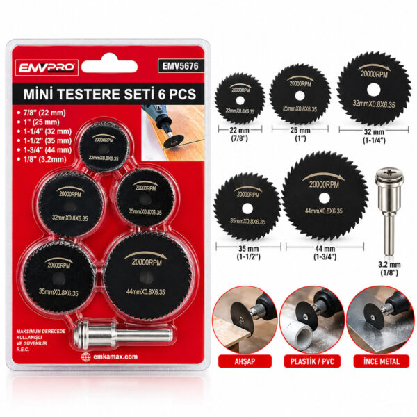 6pcs Mini Testere Set 7/8 Inc-22 mm - 1 Inc-25 mm - 1-1/4 Inc-32 mm - 1-1/2 Inc-35 mm - 1-3/4 Inc- 44 mm - 1/8 Inc--3.2 mm