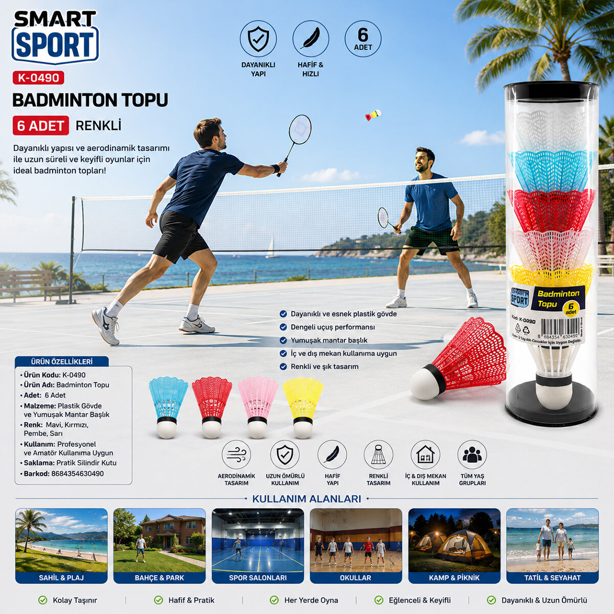6pcs Renkli Badminton Topu