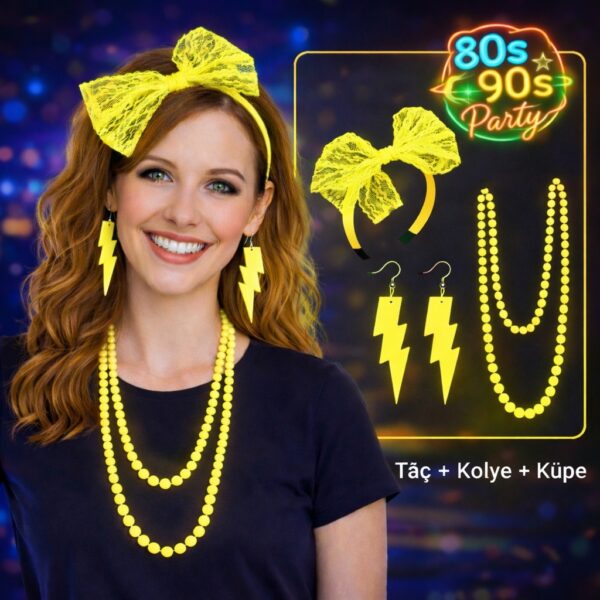 80’ler 90’lar Neon Sarı Parti Seti – Kolye Küpe Taç