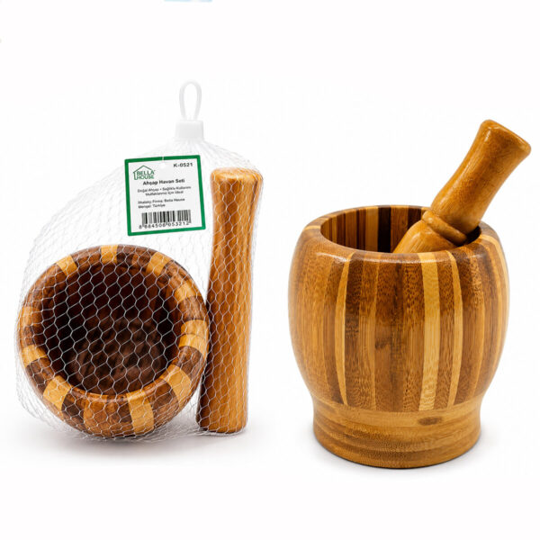 Ahşap Bambu - Çizgili Havan Sarımsak Dövecek Ç: 8 cm--D: 7 cm--Y:10.5cm Fileli Ambalaj