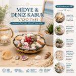 Ahşap Yuvarlak Sepet - Fileli Renkli Mix Midye - Deniz Kabuk Vazo Taşı