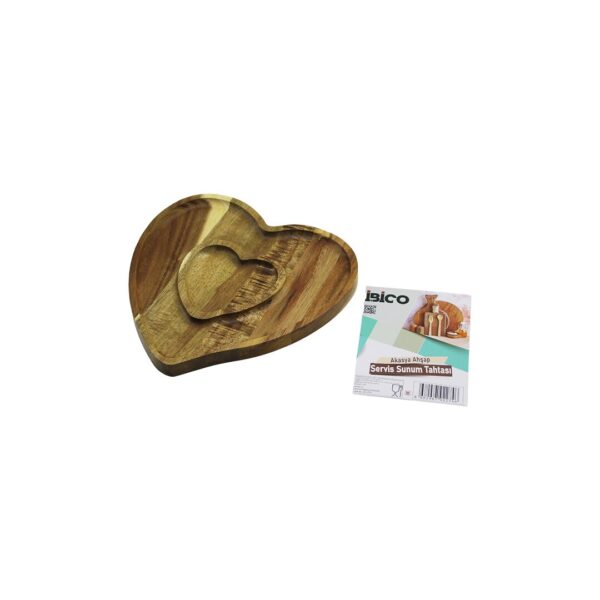 Akasya Kalp Model 2 Bölmeli - 1+1 Ahşap Bambu Servis Sunum Tepsi - Tahtası 20.5 X 19.5 X 1.4 cm