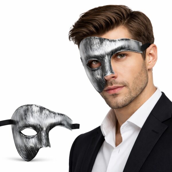 Antik Eskitme Gümüş Erkek Yarım Maske - Phantom &amp; Balo Maskesi