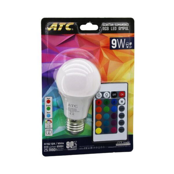 Atc-RGB-9 W Kumandalı 9 W - 60 W RGB - 16-Renkli LED Ampul E27 800 Lümen 6500k 25.000 Saat Ömür