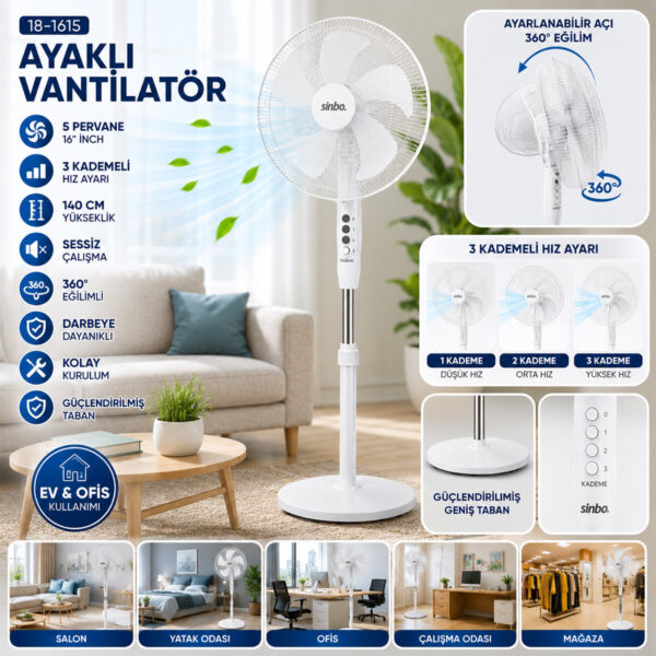 Beyaz 5 Pervane - 16 Inc Ev - Ofis Kompakt - Sessiz - Üç Kademe 140 cm Yükseklik Ayaklı Vantilatör Sf-6789
