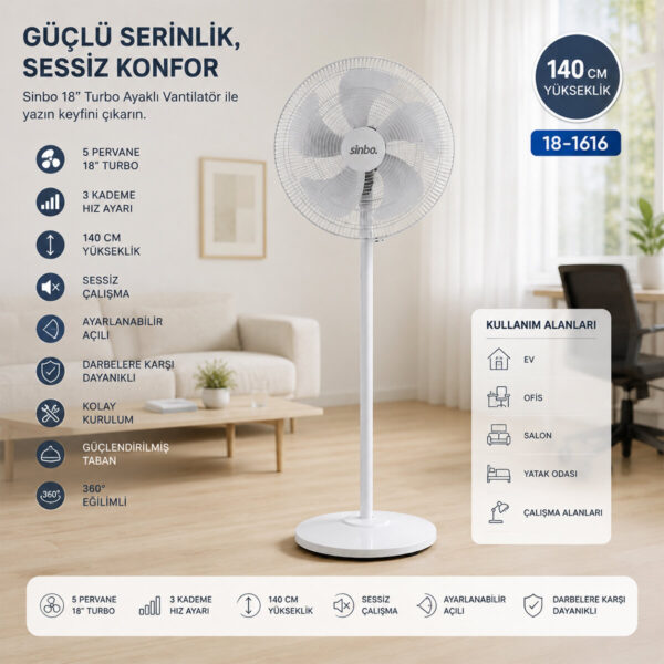 Beyaz 5 Pervane - 18 Inc Ev - Ofis Kompakt - Sessiz - Üç Kademe 140 cm Yükseklik Ayaklı Vantilatör Sf-6798