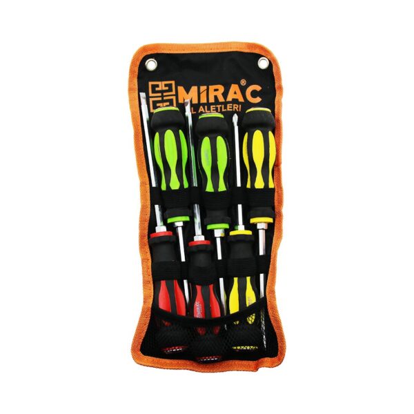 Bez Çantalı Renkli - Kauçuk Kaplama Saplı Darbeli 6lı Set Çift Taraflı Tornavida Takımı