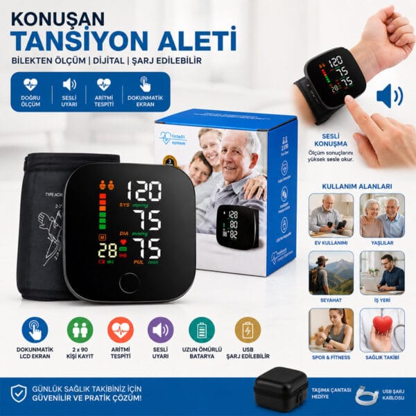 Bilek Ölçüm 7x8.3cm USB Sarjlı - Dijital Konuşan Tansiyon Aleti Bk-606