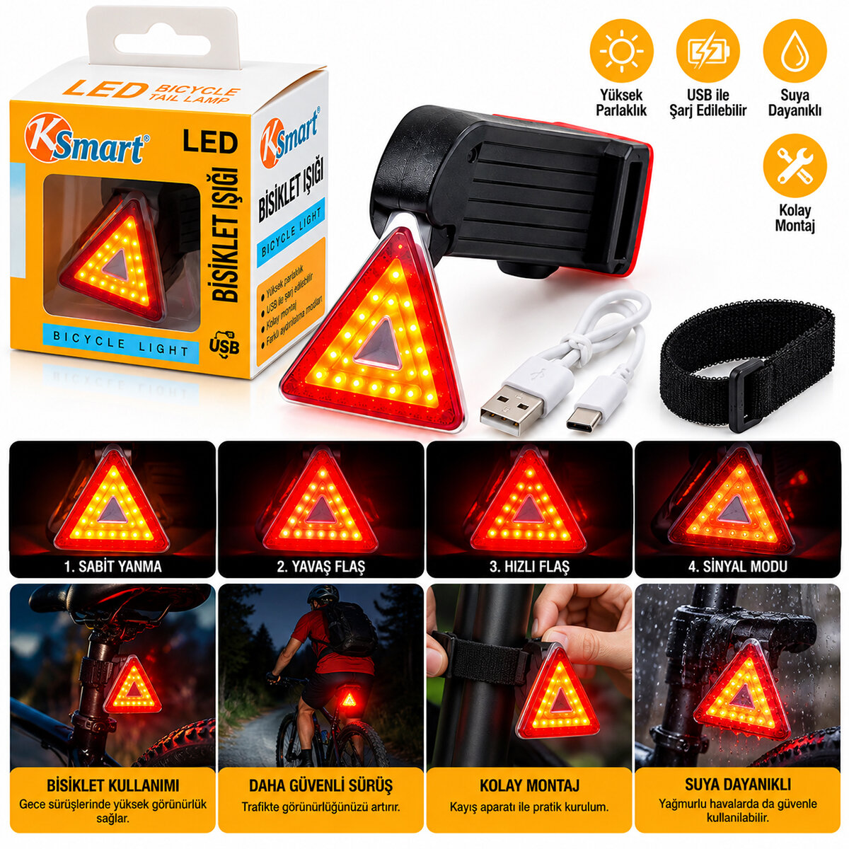 Bisiklet Feneri LED USB Şarjlı 4 Fonksiyonlu - Sinyal Işık K-1176