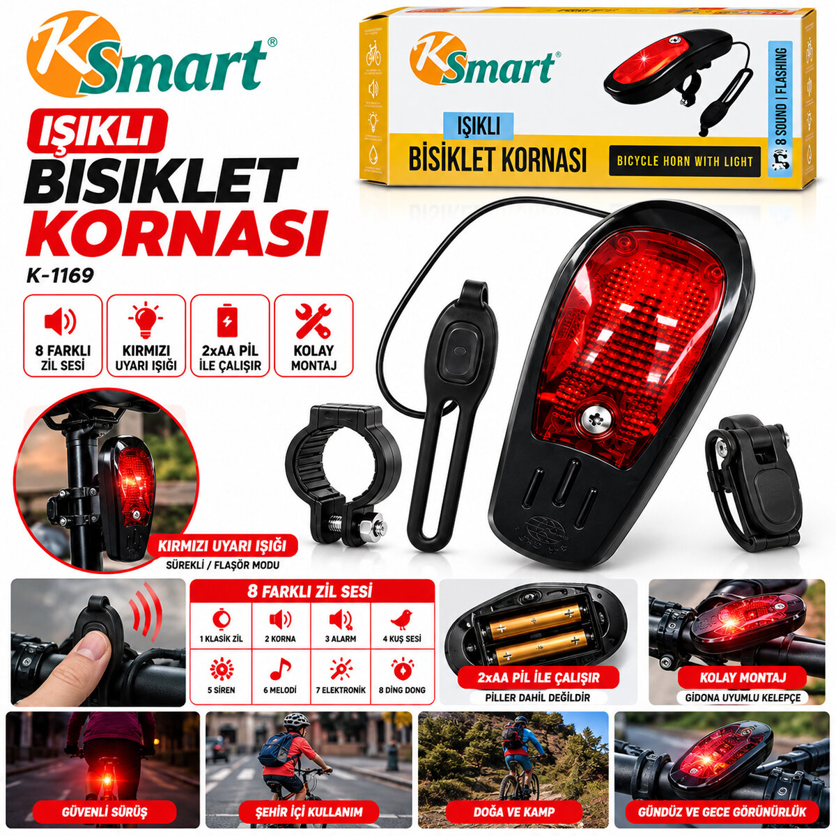 Bisiklet Kornası - Zil Işıklı 2xaa Pil 8 Fonksiyon Zil K-1169