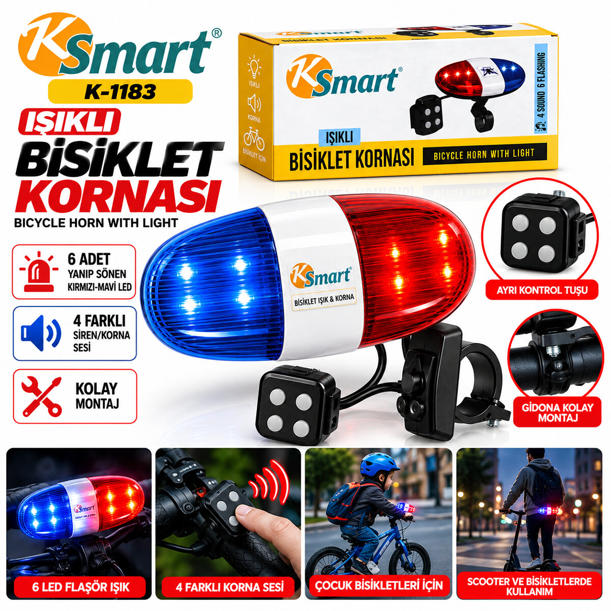 Bisiklet Kornası - Zil Işıklı 2xaa Pil Polis - Siren 4 Fonksiyon K-1220
