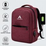 Bordo Laptop Sırt Çantası, Bilgisayar Korumalı İç Bölmeli Notebook Çantası, Organizer Cepli ve USB Şarj Portlu