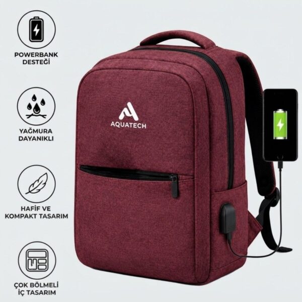 Bordo Laptop Sırt Çantası, Bilgisayar Korumalı İç Bölmeli Notebook Çantası, Organizer Cepli ve USB Şarj Portlu