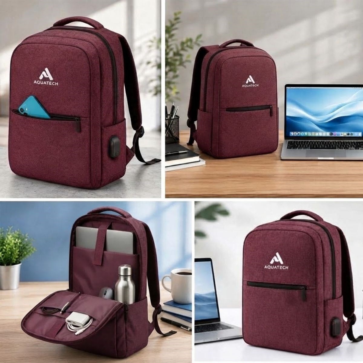Bordo Laptop Sırt Çantası, Bilgisayar Korumalı İç Bölmeli Notebook Çantası, Organizer Cepli ve USB Şarj Portlu