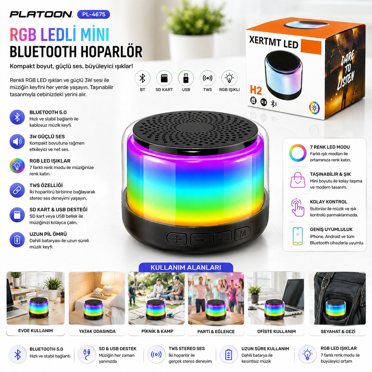BT - SD - USB Şarjlı RGB Işıklı Bluetooth Wireless Speaker Hoparlör 3 W Pl-4675