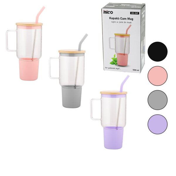 Cam 1000 ml Matara - Suluk Bambu Kapak - Sızdırmaz Silikonlu Çelik Pipet Koruyucu Silikon Altlık - Kılıf