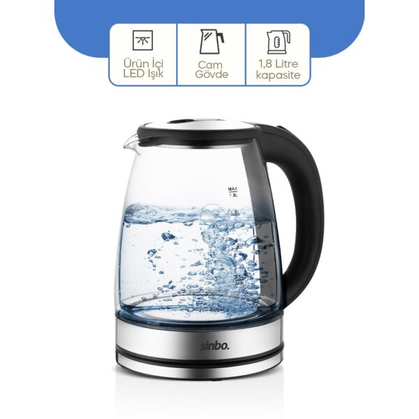 Cam - Ledli Kettle 1.8 lt Gizli Rezistans - Kablosuz 360 Derece Gövde 1500 W Sk-8033