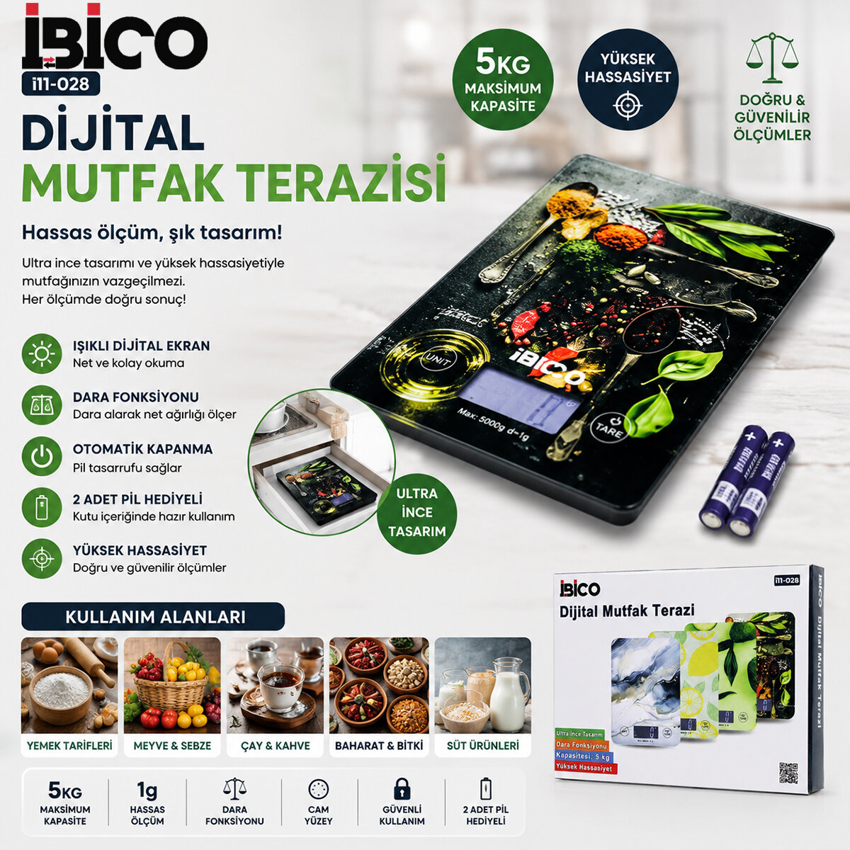 Cam Mutfak Tartısı Terazi LCD Ekran 5 kg/1 gr Pilli Gr/Oz/Ml/Ib Ölçüm İ11-028