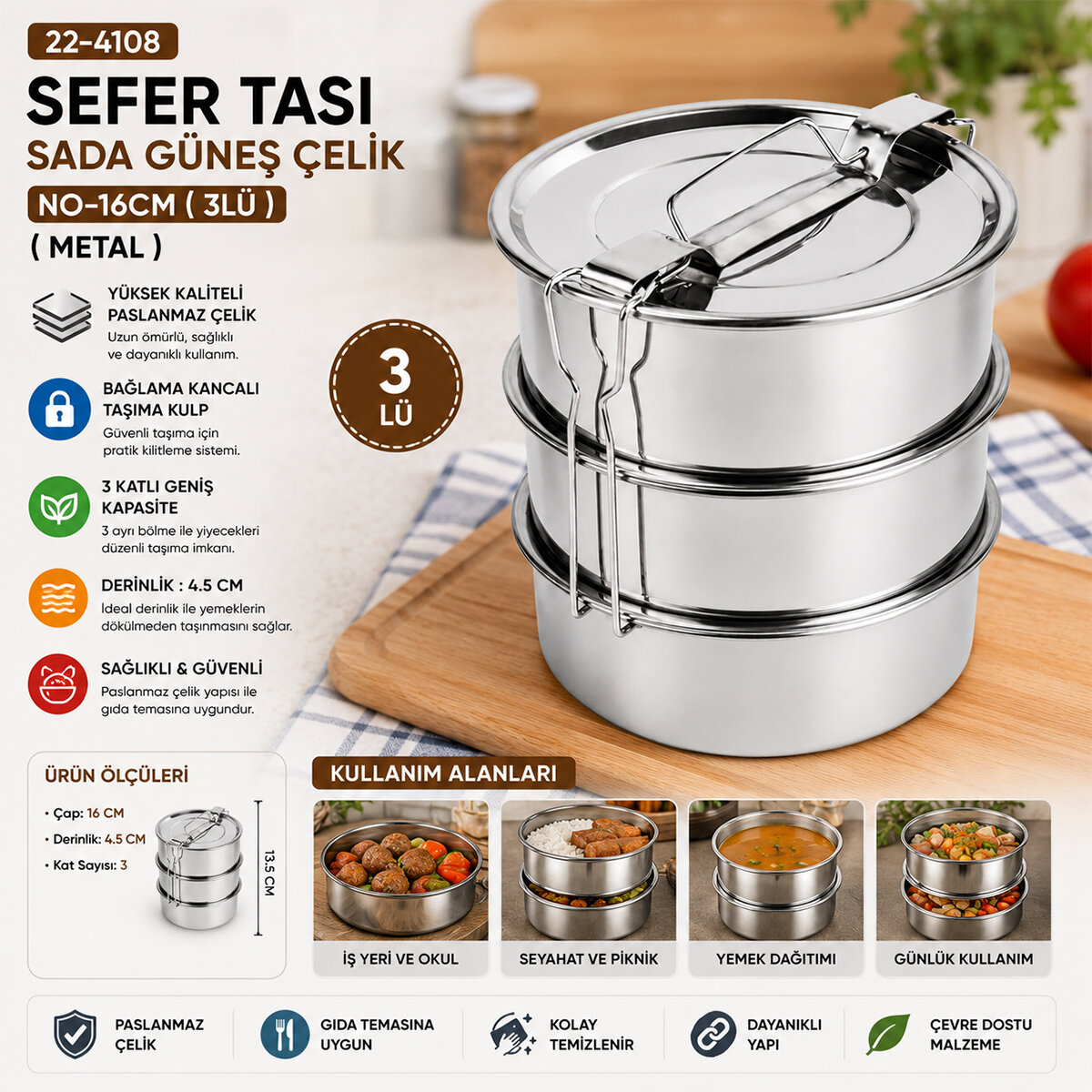 Çelik 3lü Metal Sefer Tası Taşıma Kulp - Bağlama Kancalı