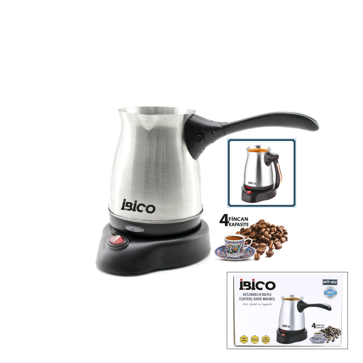 Çelik Elektrikli Cezve Türk Kahve Makinesi - 4fincan - 400 ml Kablosuz Kullanım- 360°döner 600 W Mtf-002