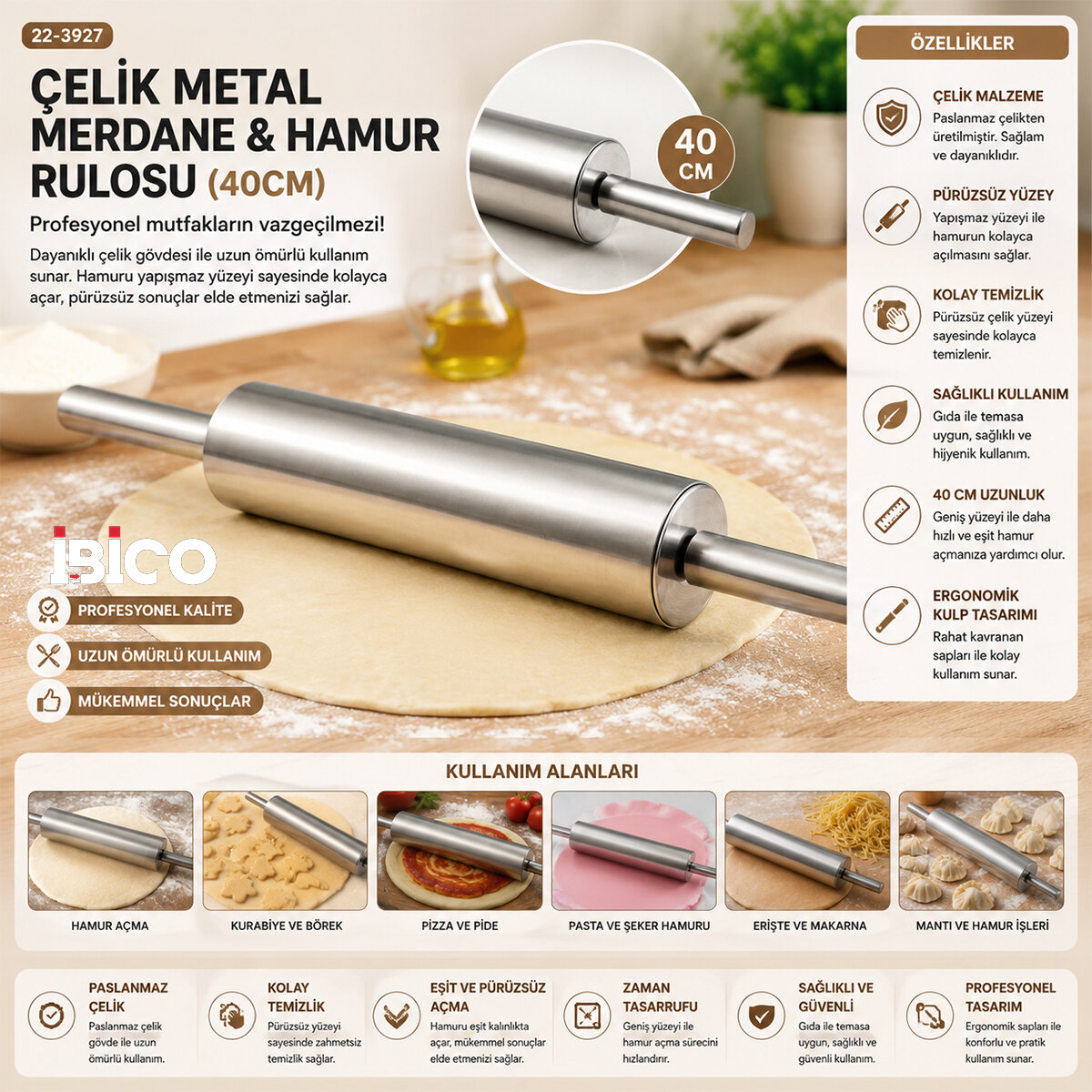 Çelik Metal Merdane - Hamur Rulosu 40 cm